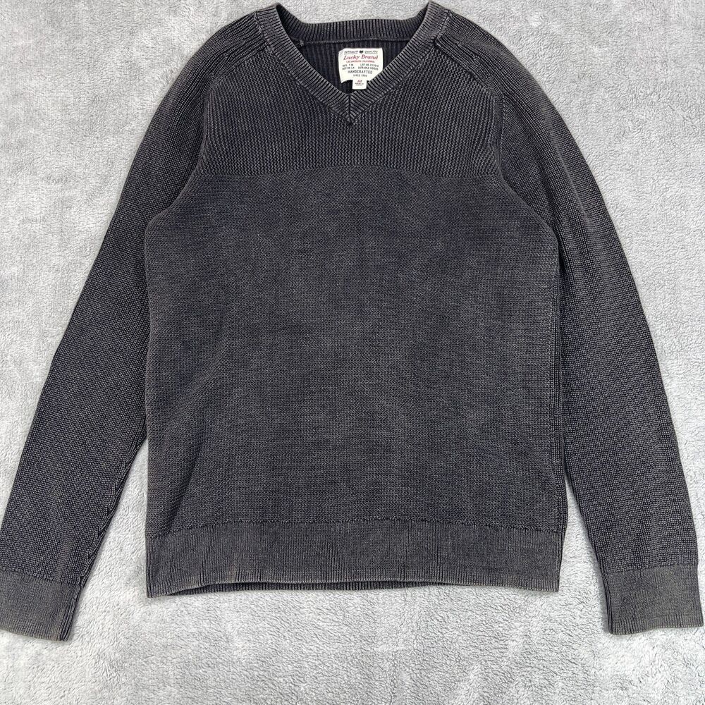 Lucky Brand‎ Knit Sweater Men's M Black Hand Crafted Long Sleeve V Neck Pullover